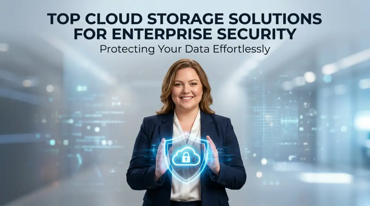 A professional model presenting the top cloud storage solutions for enterprise security to help businesses protect their sensitive files from hackers.