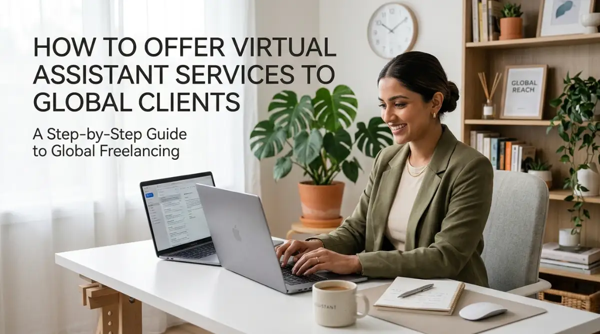 A female virtual assistant working on her laptop in a bright, modern home office, symbolizing how to offer virtual assistant services to global clients successfully.
