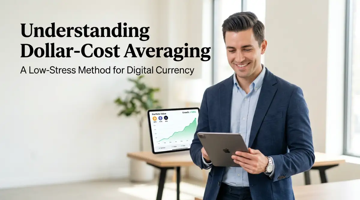 A confident young man reviewing a growing digital currency portfolio on his tablet, illustrating the concept of dollar-cost averaging for low-stress investing.