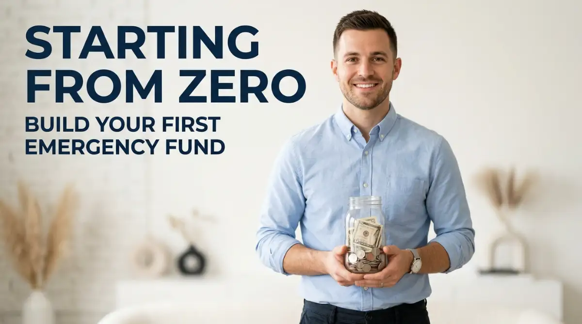 A determined young man holding a glass savings jar, illustrating the practical steps to build an emergency fund from zero.