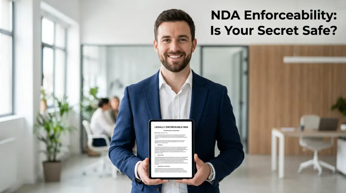 A professional young businessman holding a tablet showing a legally enforceable non-disclosure agreement in a bright office.