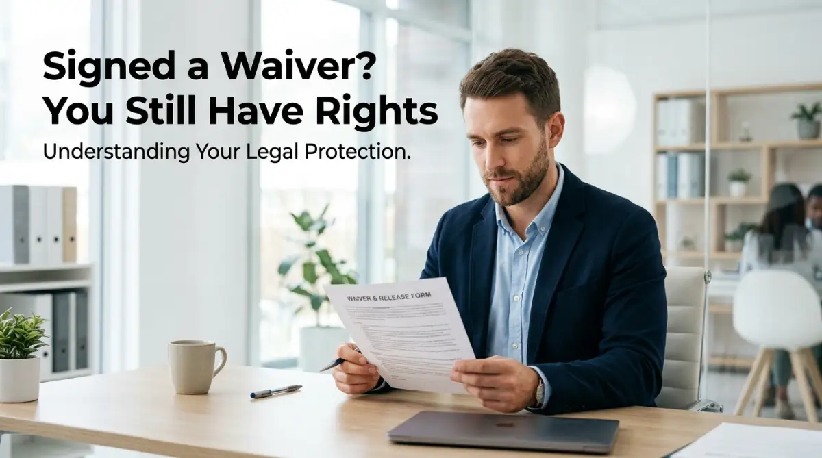 A professional man sitting in a bright office reviewing a liability waiver to understand if his legal rights are still protected after an accident.
